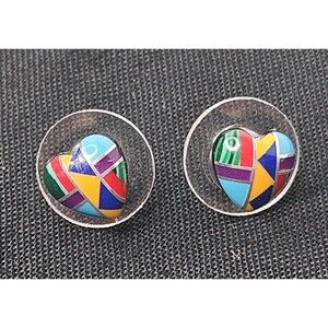Native American Zuni Sterling Silver Inlay Stud Earrings